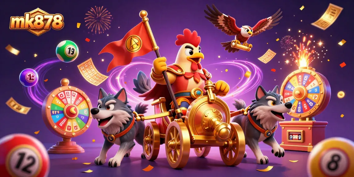 Engage with mk878's exciting lottery features, as colorful balls bounce dynamically amidst a 3D carnival atmosphere.