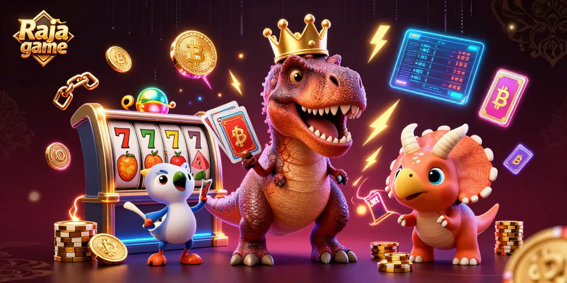 Raja game showcases a vibrant T-Rex and friends engaging in casino fun with colorful slot elements.