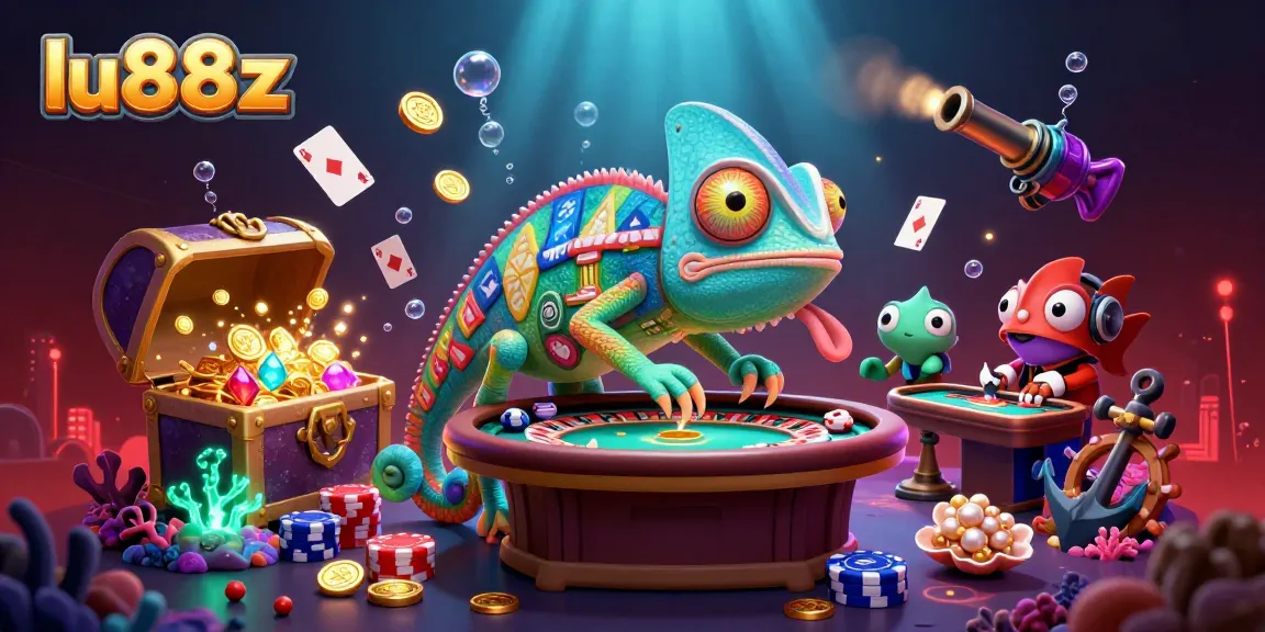 Engage with the exciting world of lu88z through a vibrant casino scene with a chameleon owner and gem-filled treasures.