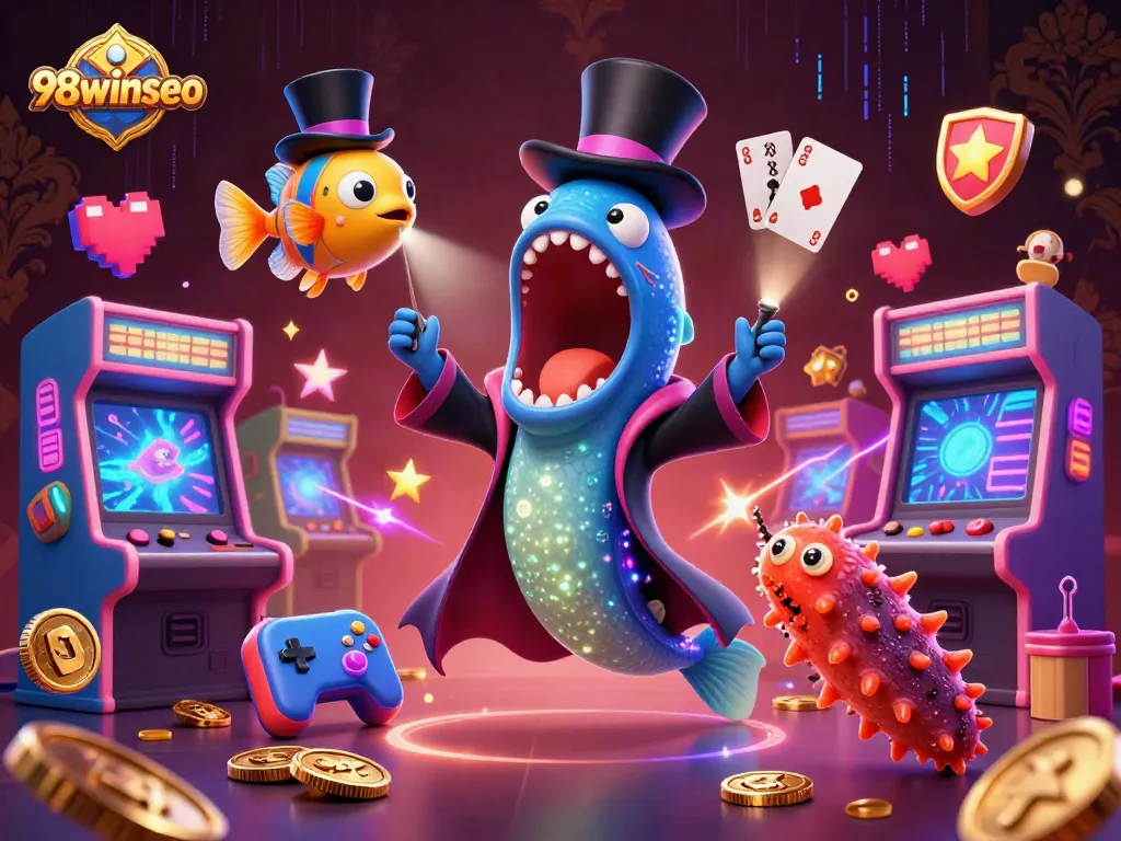 Experience 98winseo with 3D underwater casino characters performing magical gambling acts in vibrant colors.