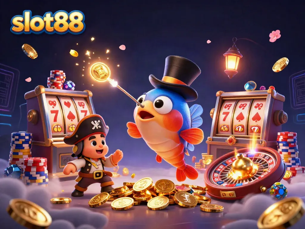 Experience the excitement of slot88 with vibrant characters in a 3D casino scene, winning big amid floating coins.