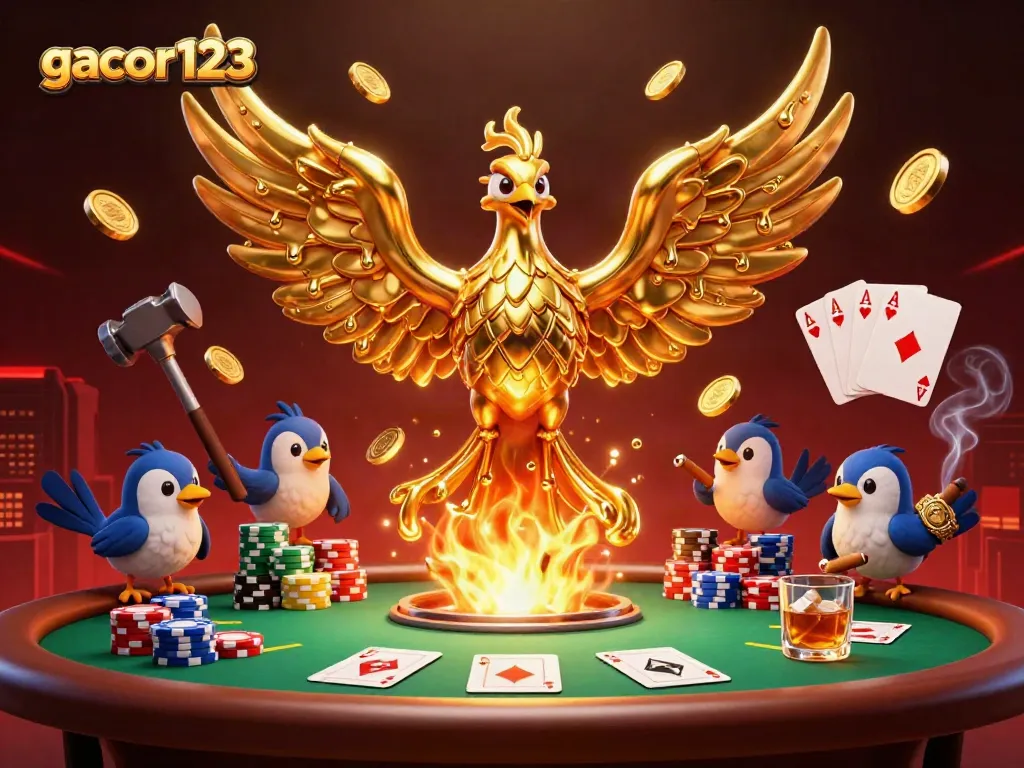 Experience the gacor123 gaming excitement with a golden phoenix and poker elements in dynamic action.