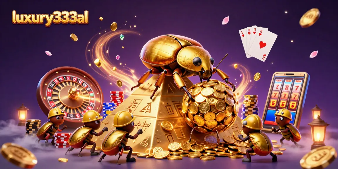 Engage with luxury333al's vibrant 3D scene showcasing golden beetles amidst casino symbols and explosive winnings!