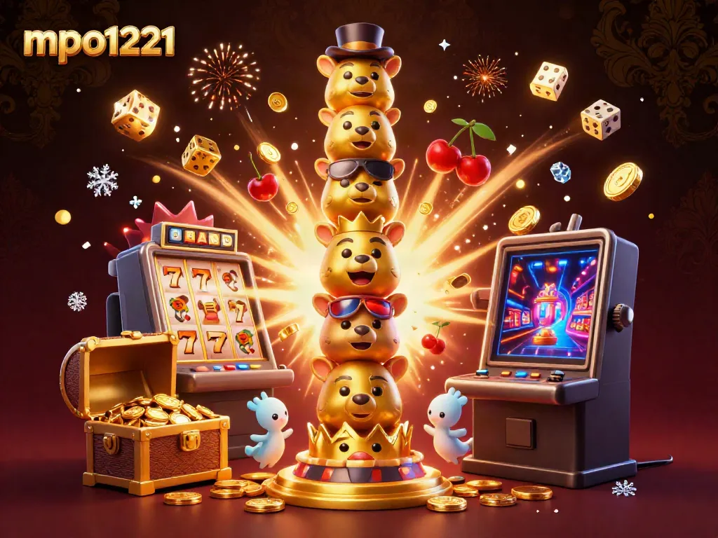 Experience mpo1221 with a vibrant casino illustration showing a totem pole, jackpot, and colorful game elements.