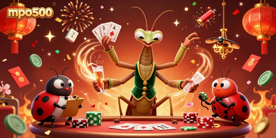 Experience the excitement of mpo500 with vibrant casino characters dealing cards amid festive elements.