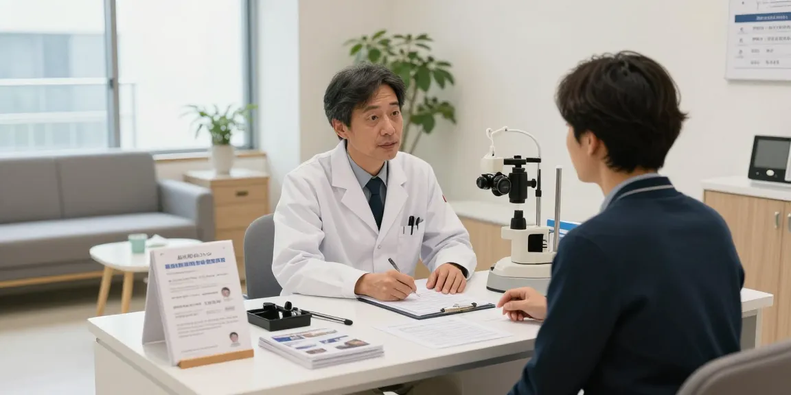 品川近視クリニックの口コミに基づいた医師との相談シーン、患者が視力矯正について話し合っている。