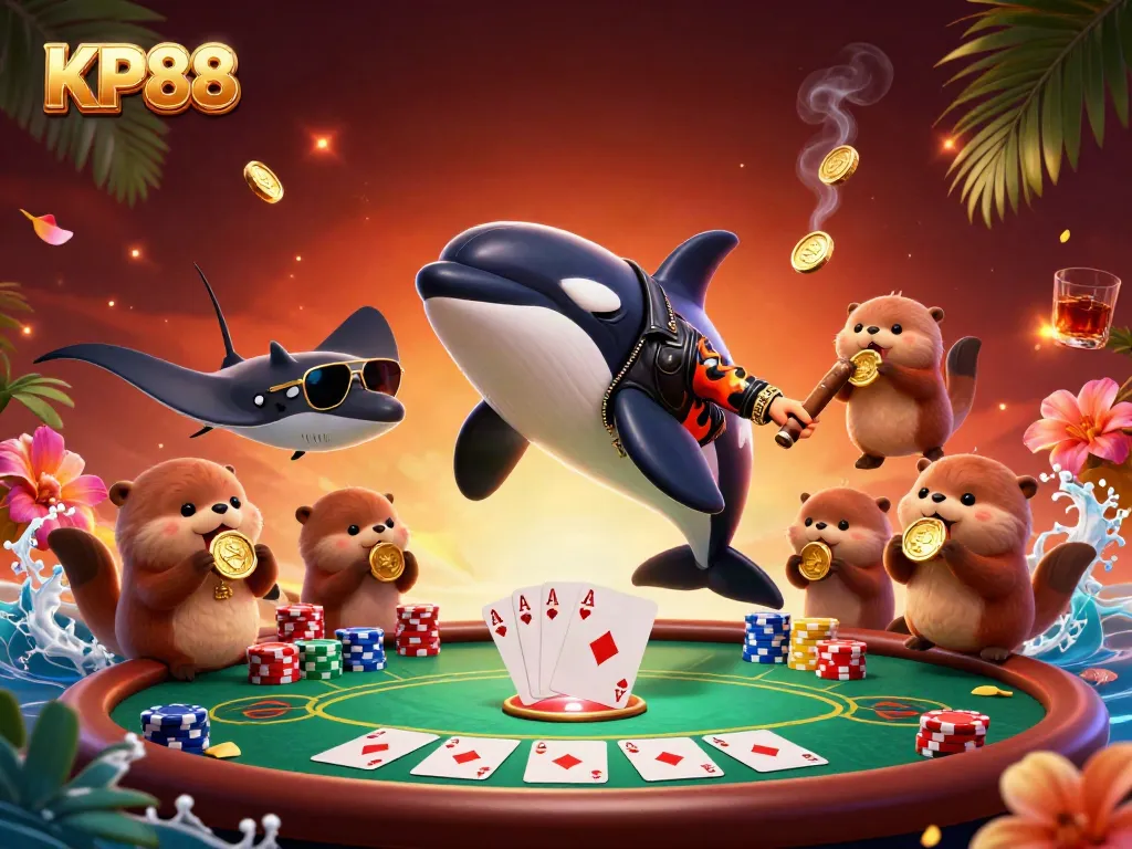 Experience the thrill of KP88 with a vibrant 3D cartoon scene featuring sea creatures and poker elements.