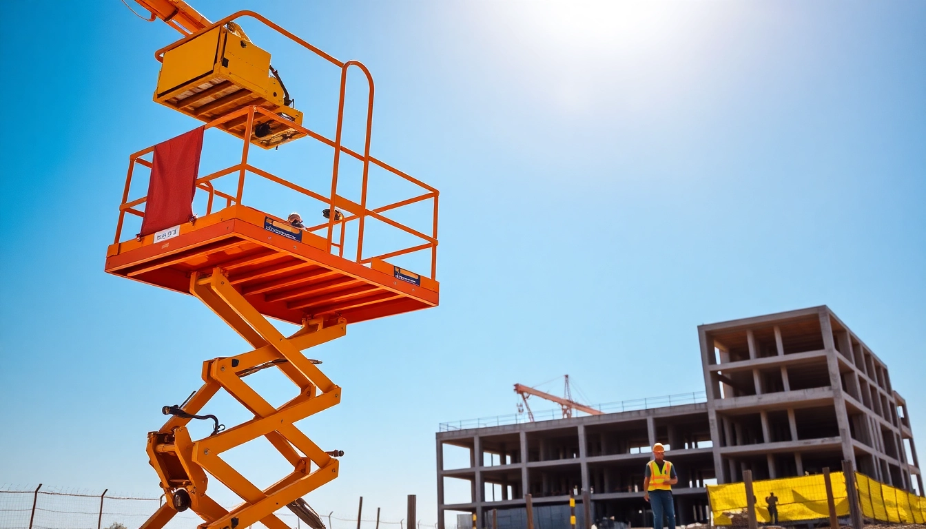Cherry picker lifting construction workers safely at a job site, showcasing its functional design.