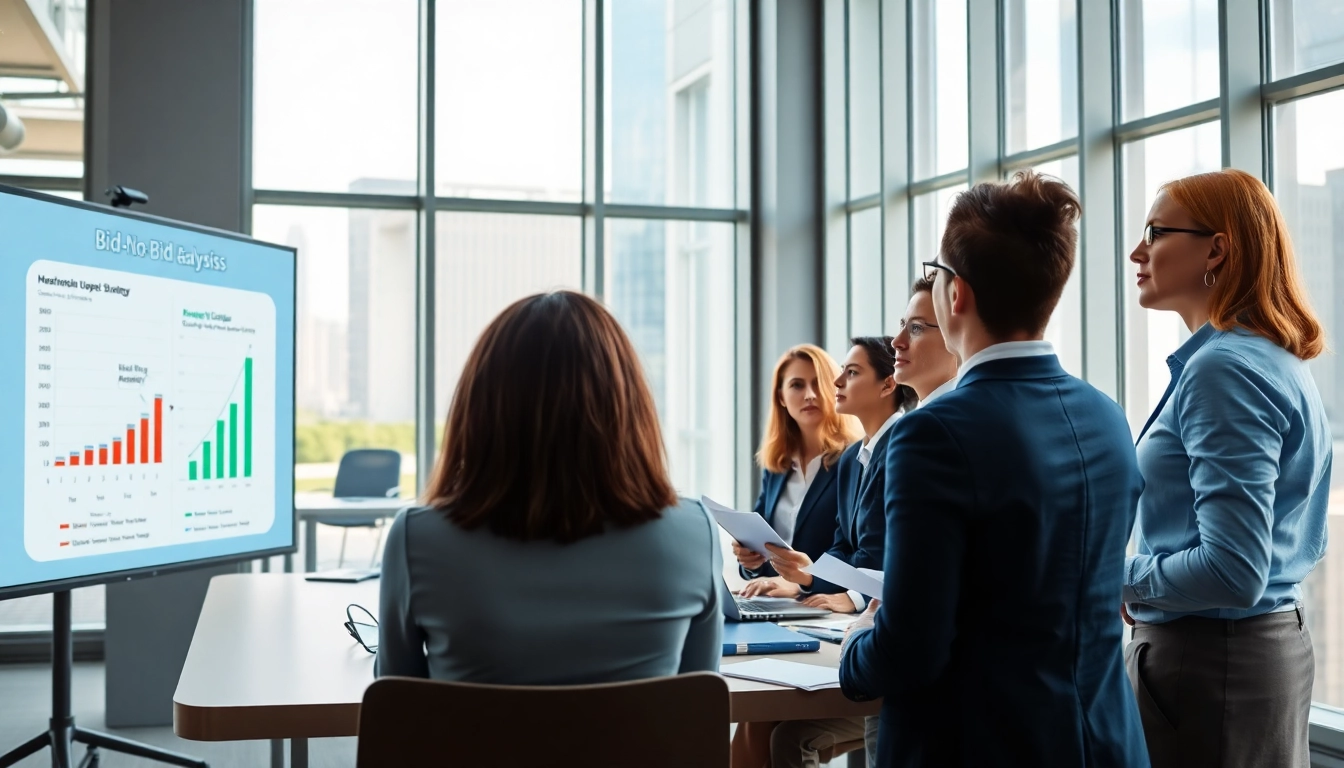Discussing Bid-No-Bid Analysis in a vibrant business meeting setting.