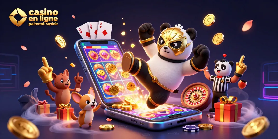 Illustration captivante de panda lutteur en masque d'or avec un smartphone, pour le casino en ligne paiement rapide