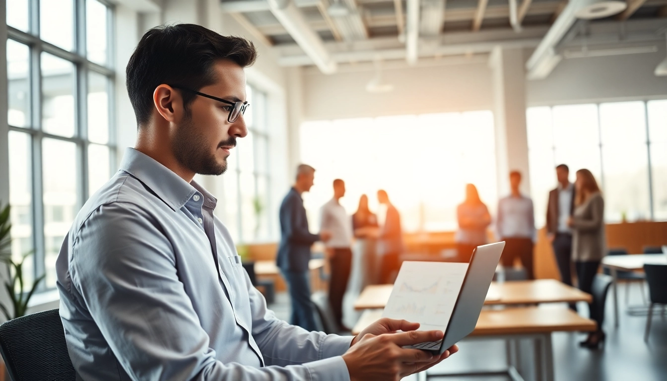 Management consultant Sacramento guiding a diverse team in a modern office.