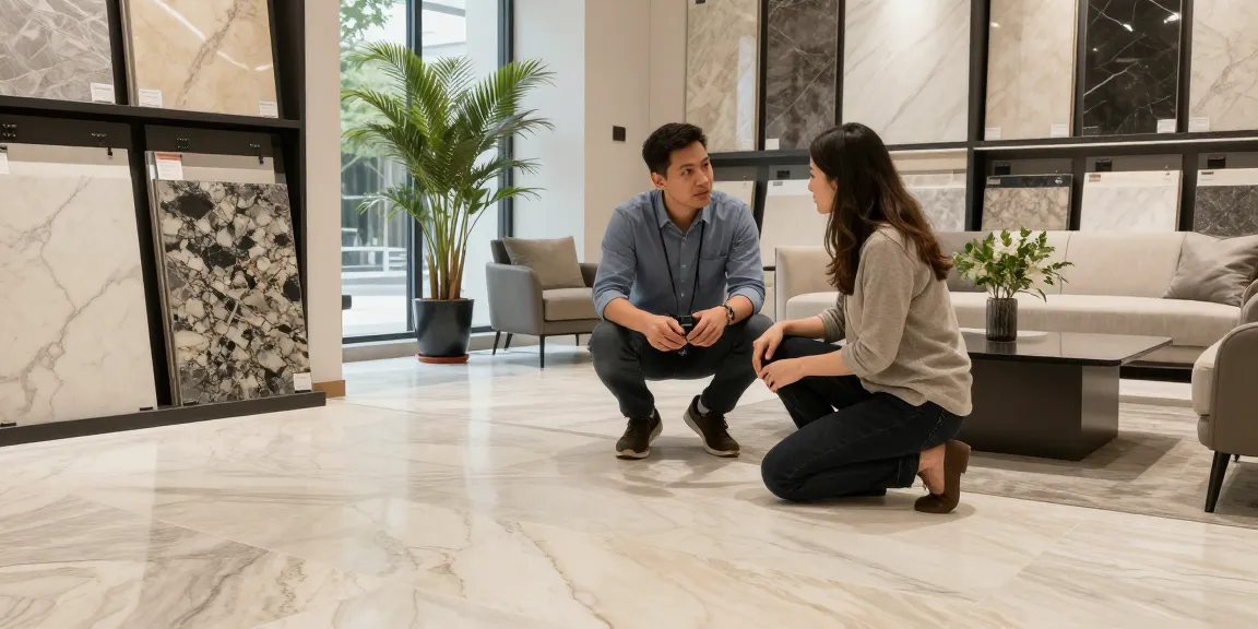 Designer consulting with client on premium NAGA2000 stone flooring options in a modern showroom.