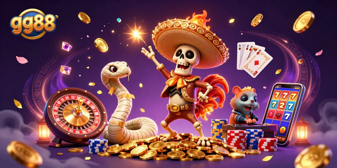 Experience the excitement at gg88 with a cartoon victory dance on a pile of golden casino coins.