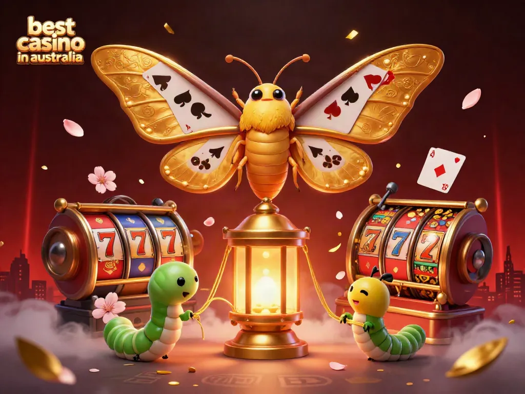 Bettors enjoying the best casino in Australia with golden moths, slot reels, and vibrant colors.