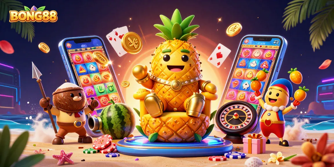 BONG88 brings excitement with a golden pineapple king and vibrant casino elements on a tropical beach.