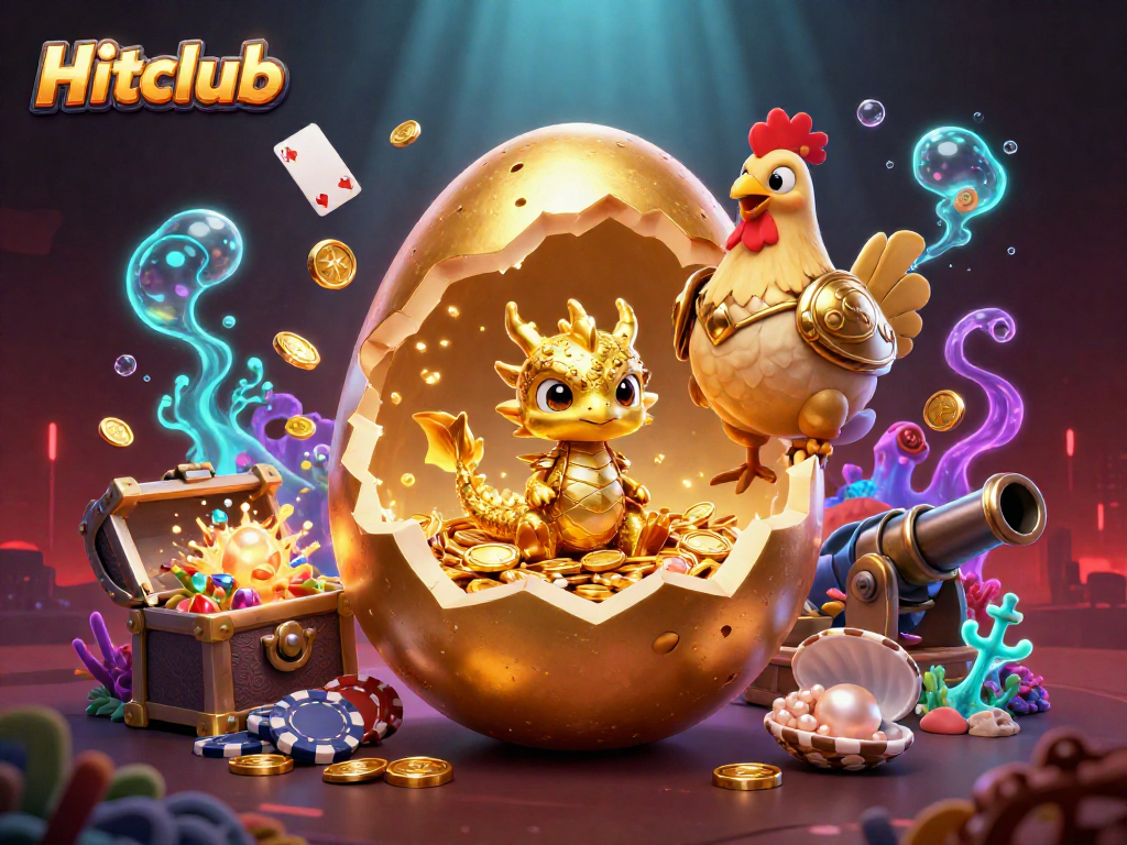 Engage in thrilling gameplay at Hitclub amidst treasures like golden poker chips and dazzling gems.