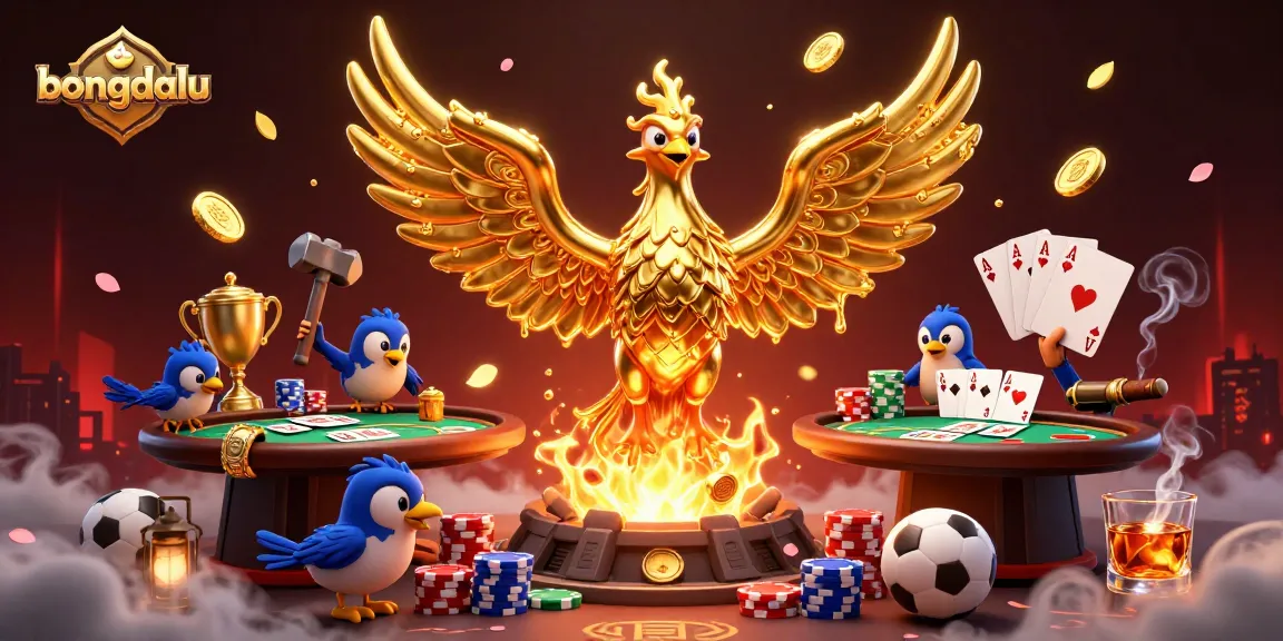 Bongdalu showcases an energetic scene with a molten golden phoenix amidst sports betting elements and poker details.