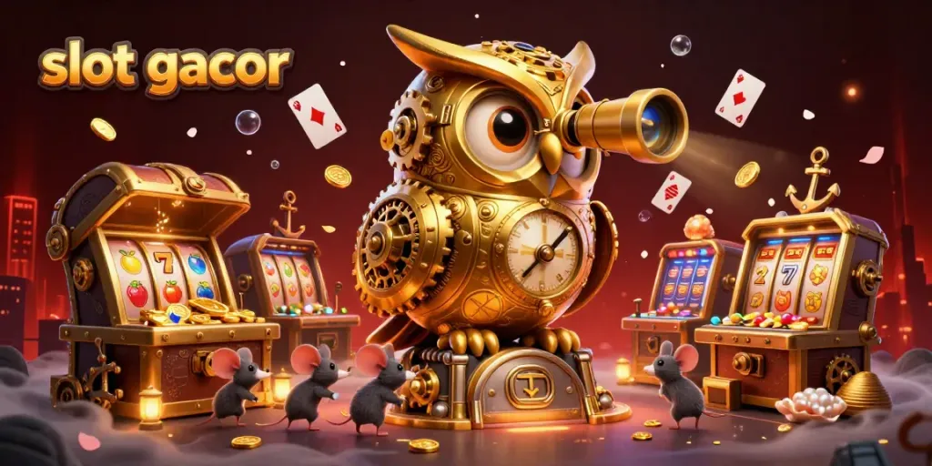 Slot gacor menampilkan burung hantu emas berputar dengan simbol slot dan koin emas menembus suasana kasino yang semarak.