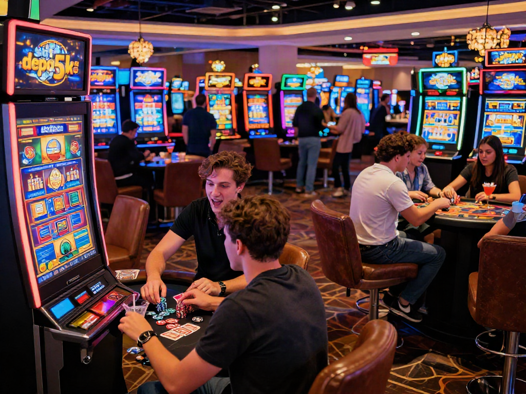 Excited players enjoying slot depo 5k at vibrant casino gaming lounge