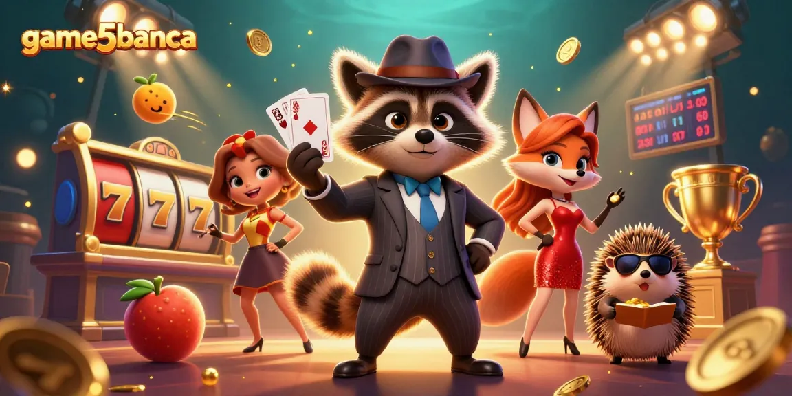 Join the excitement at game5banca with a suave raccoon showcasing a royal flush amidst vibrant casino elements.