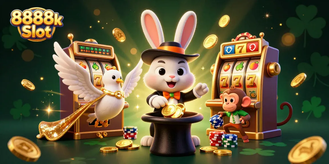 Experience the excitement of 8888k Slot with magical characters and dynamic game elements in this vibrant illustration.