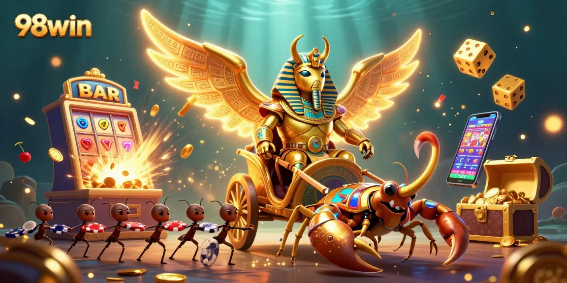 Experience excitement with 98win's colossal gaming scene featuring a golden beetle, jackpot, and vibrant casino elements.