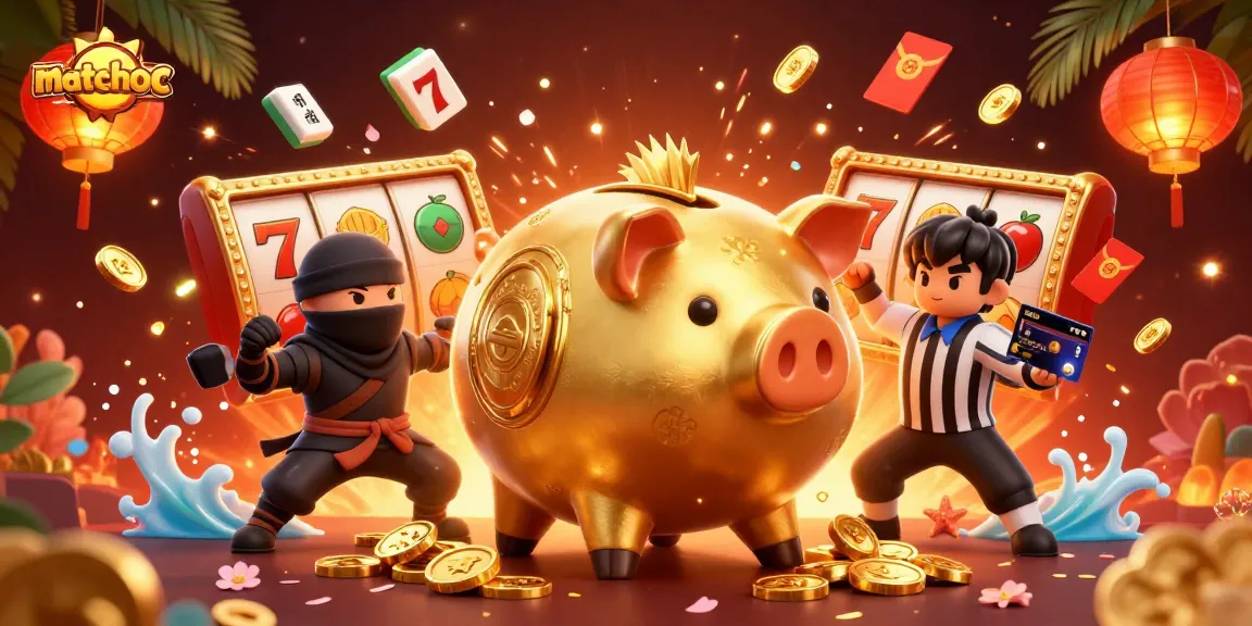 Matchuoc casino illustration of a golden piggy bank sumo wrestler shaking coins amidst vibrant gaming elements.
