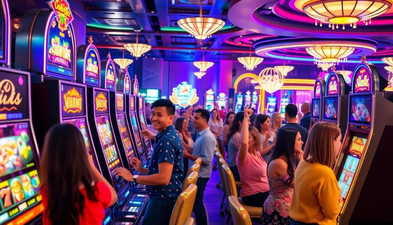 Engaged players enjoying exciting slot gambling at colorful casino machines.