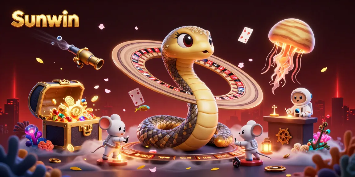Bet and win at Sunwin's cosmic roulette, featuring vibrant casino elements and dynamic characters.
