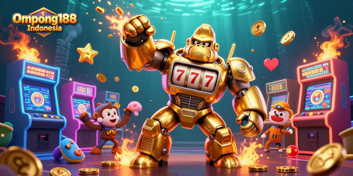Ompong188 Indonesia menghadirkan ilustrasi 3D mekanik gorila emas di tengah kasino dengan simbol jackpot.