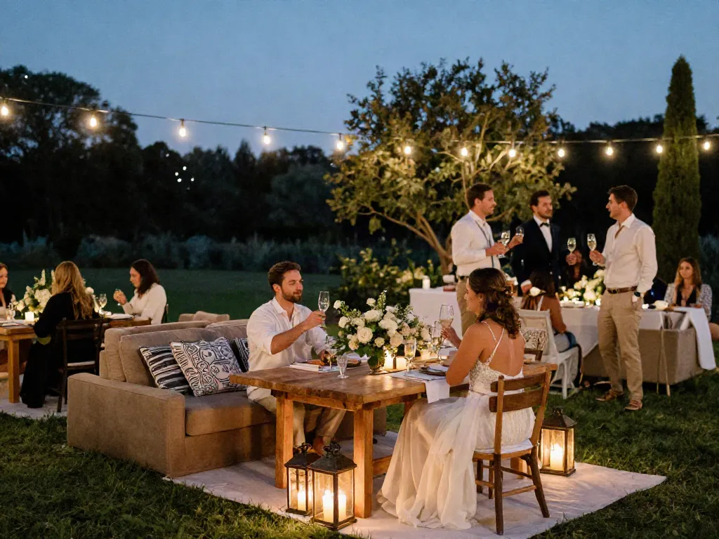 Event furniture rental showcased at a romantic outdoor wedding with elegant tables and cozy lounge setups.