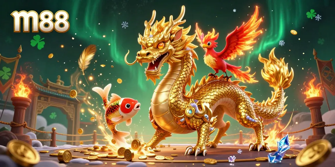 Experience thrilling moments at m88 with a vibrant dragon, phoenix, and koi fish amidst gold coins and casino elements.