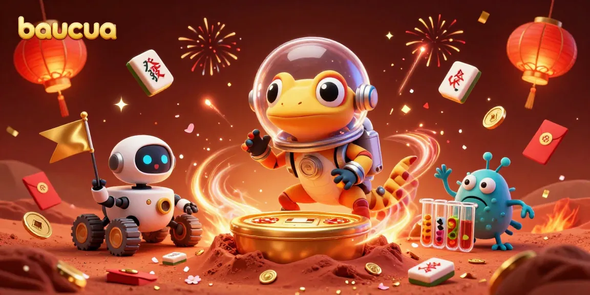 Play the exciting baucua game with vibrant visuals and engaging characters in a captivating casino scene.