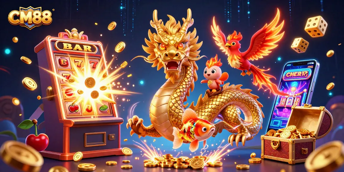 Experience thrilling wins with CM88 in this vibrant casino illustration featuring dynamic characters.