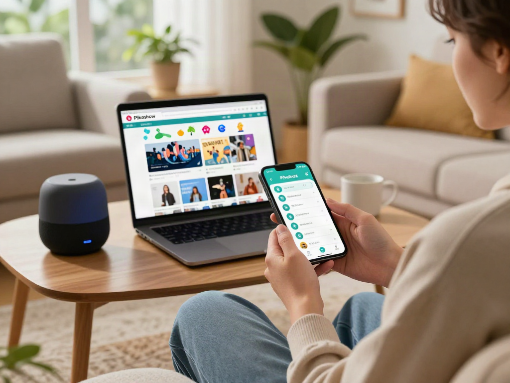 Download Pikashow Apk on sleek smartphone in cozy living room, showcasing entertainment options.