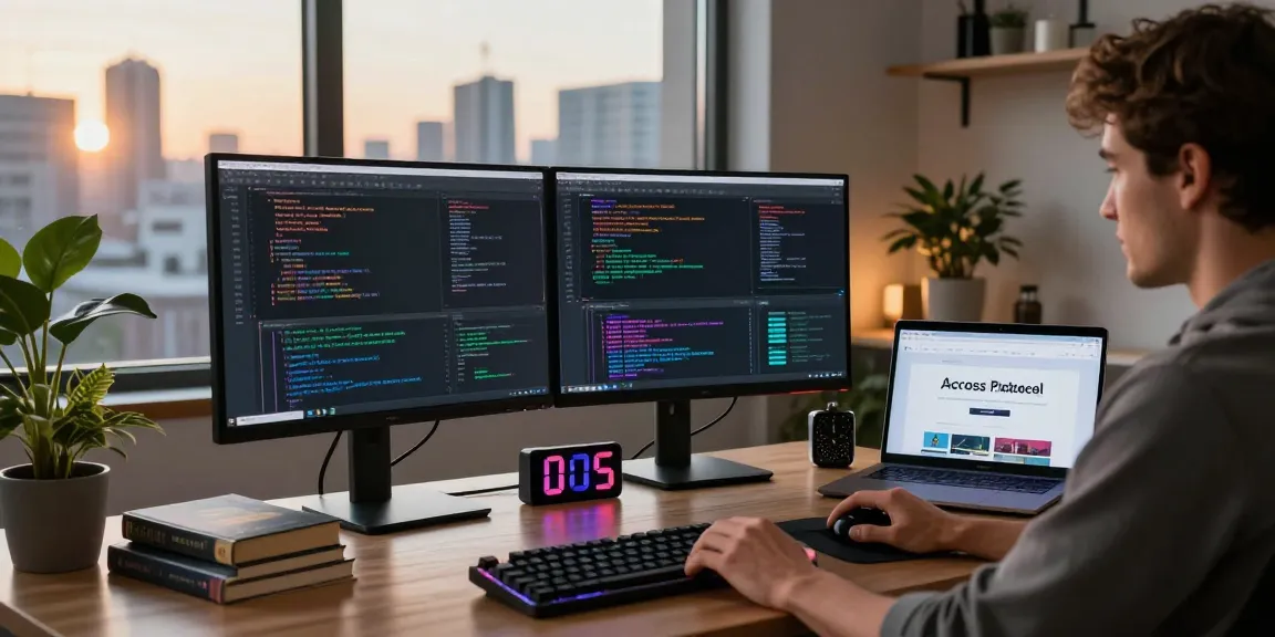 Developer using acrossprotocol for blockchain coding in a modern office workspace