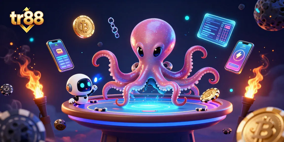 Play poker with tr88's alien octopus dealer and vibrant, orbiting poker chips in a cosmic setting.
