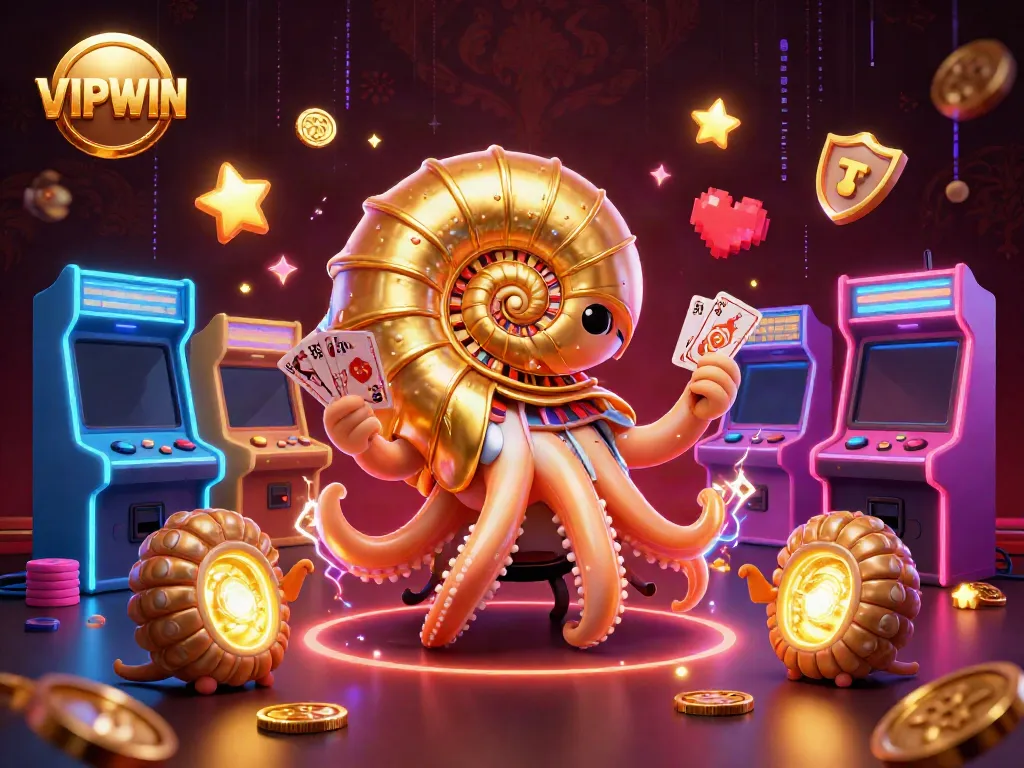 Engaging VIPWIN gaming scene featuring a nautilus roulette wheel with colorful arcade elements.